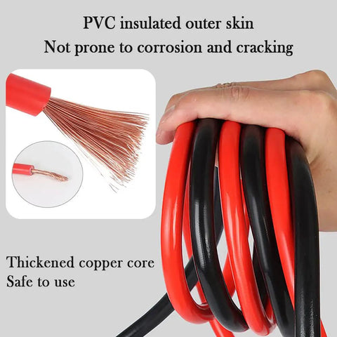 Hand holding Beefy 67 Inch 150 Amp Heavy Duty Jumper Cables With Tough Alligator Clips, red and black with copper core.