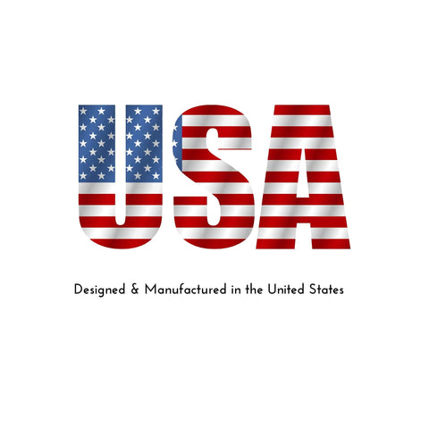USA letters filled with American flag, text saying "Designed & Manufactured in the United States"