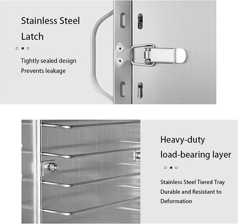 Stainless steel latch and tiered trays of Commercial Freeze Dryer And Electric Food Dehydrator For Fruits Vegetables Meat And Seafood.