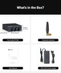 Image showing contents of Bluetooth Stereo Amplifier 100W Per Channel package, including Class D amp, Bluetooth antenna, user manual, and power supply.