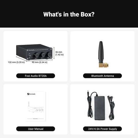 Image showing contents of Bluetooth Stereo Amplifier 100W Per Channel package, including Class D amp, Bluetooth antenna, user manual, and power supply.