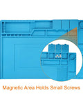 Rock Solid Silicone Magnetic Soldering Mat For Electronics Repair Heat Resistant Non Slip Anti Scald Blue visible with small screws.