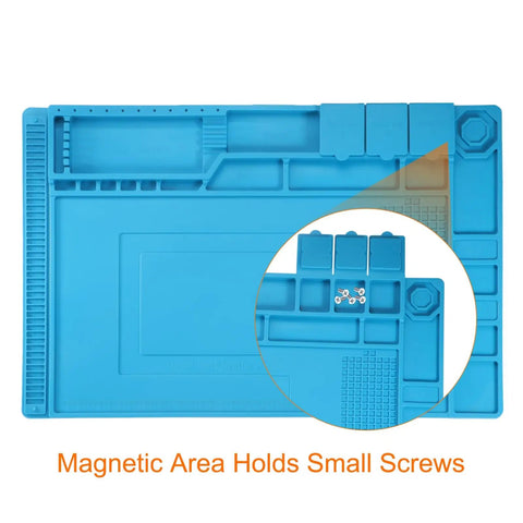 Rock Solid Silicone Magnetic Soldering Mat For Electronics Repair Heat Resistant Non Slip Anti Scald Blue visible with small screws.