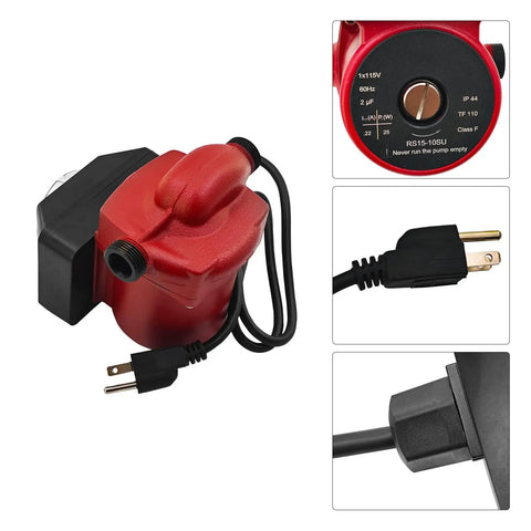 Heavy Duty 1 6 Horsepower Hot Water Circulation Pump 3 4 Inch Cast Iron Body 115 Volt Grundfos Replacement Up15 10Su7p Tlc side view with electrical plug and connector