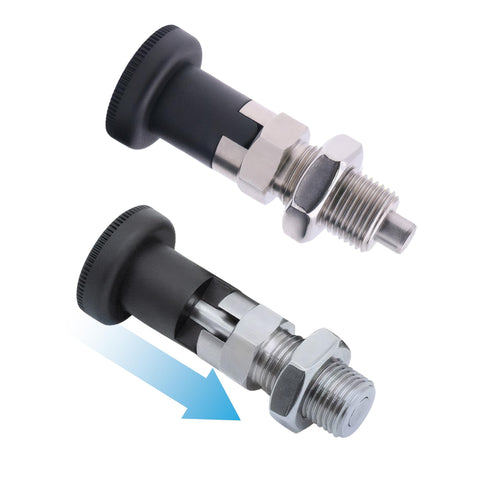 Heavy Duty Stainless Steel Index Plunger Pin M20 with spring loaded knob and retractable lever for secure locking mechanism.
