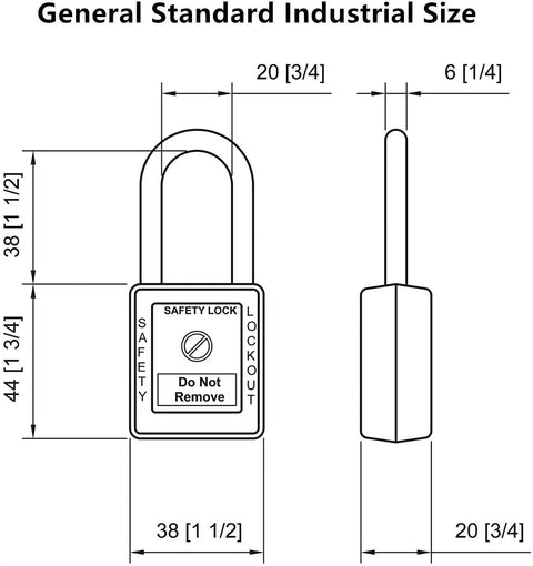 Technical diagram of Lockout Tagout Five Pack Identical Padlocks Red Color with measurements and safety lock details
