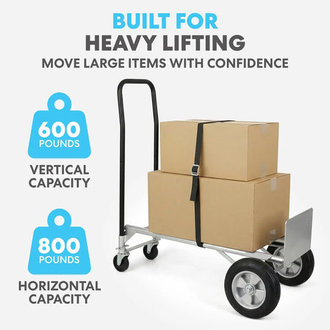 Hand truck loaded with boxes, vertical and horizontal weight capacity displayed.