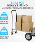 2-In-1 Convertible Hand Truck And Dolly with boxes, 600 lb vertical and 800 lb horizontal capacity, heavy duty folding platform cart.