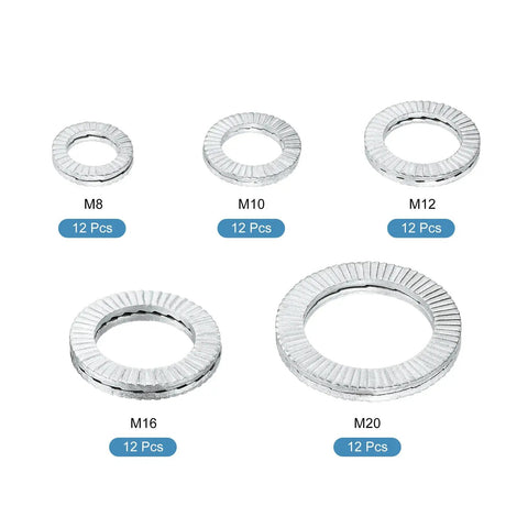 Wedge Locking Washers For M8 M10 M12 M16 M20 Bolts, 60 Pieces, Beefy Manganese Steel, DIN 25201 Standard, arranged by size