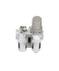 Top view of Piggyback Compressed Air Filter Regulator Lubricator Combo 3/8 NPT With 10 Micron Element, Poly/Metal Bowl, and Manual Drain