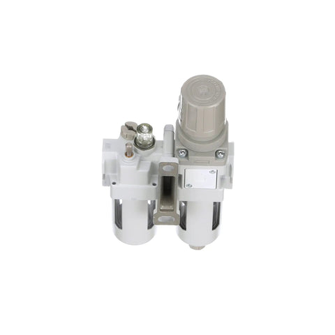 Top view of Piggyback Compressed Air Filter Regulator Lubricator Combo 3/8 NPT With 10 Micron Element, Poly/Metal Bowl, and Manual Drain