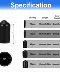 Specification chart for 200 Piece Round Rubber End Caps Set For Bolts And Screws And Metal Tubing Durable Flexible Thread Protectors.