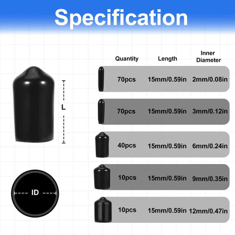 Specification chart for 200 Piece Round Rubber End Caps Set For Bolts And Screws And Metal Tubing Durable Flexible Thread Protectors.