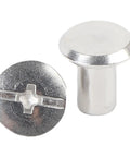 Rivet And Screw Kit 50 Sets M4 Stainless Steel Flat Head Fasteners For Leather Craft DIY Repairs Binding And Decorative Projects 100 Pieces Total Ready For Any Hardware Hack, close-up silver screw and rivet