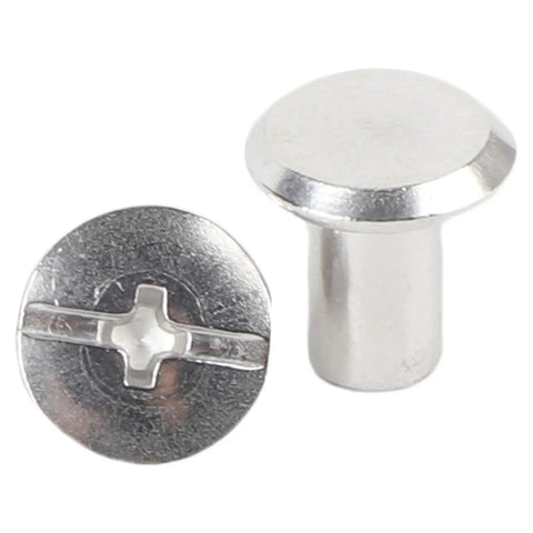 Rivet And Screw Kit 50 Sets M4 Stainless Steel Flat Head Fasteners For Leather Craft DIY Repairs Binding And Decorative Projects 100 Pieces Total Ready For Any Hardware Hack, close-up silver screw and rivet
