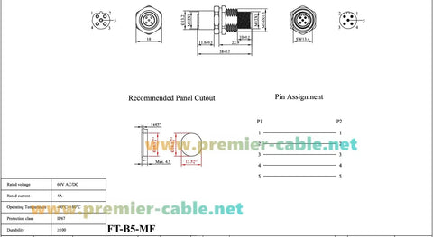 Technical diagram of Rugged M12 B Code 5Pin Male To Female Bulkhead Connector IP67 Panel Mount Pass Thru Shielded Circular Socket.