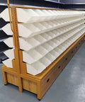 Heavy Duty Double Sided Storage Shelves With Cabinet, Five Tier Metal Shelving Unit For Garage, Tough Wood Finish Rack in light color.