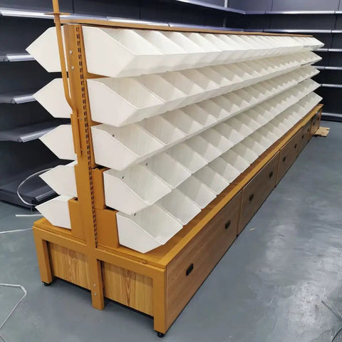 Killer Grade Double Sided Storage Shelves With 5 Tier Iron Clad Metal Shelving Unit For Garage Pantry And Supermarket showing white compartments and wood finish.