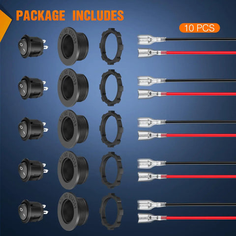 Package contents of Beefy Five Pack Round Rocker Switches With Wiring Harness SPST 2 Pin Pre Wired Waterproof Toggle Switches 20mm 12V DC