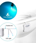 Toilet Night Light With Motion Sensor And LED 9 Color Modes auto on in the dark, flexible arm shown attached to toilet rim