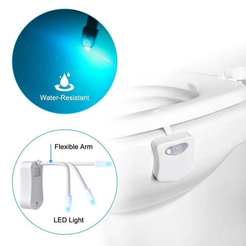 Toilet Night Light With Motion Sensor And LED 9 Color Modes auto on in the dark, flexible arm shown attached to toilet rim