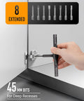 Hand using Magnetic 42 In 1 T Handle Ratchet Screwdriver Set With S2 Steel Bits Portable DIY Repair Kit on cabinet hinge