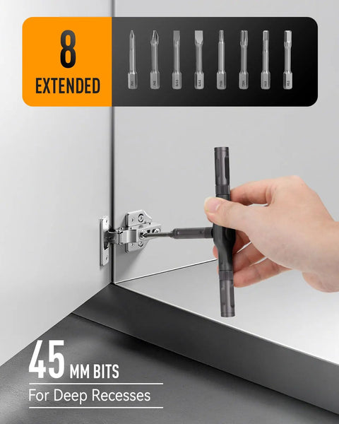 Hand using Magnetic 42 In 1 T Handle Ratchet Screwdriver Set With S2 Steel Bits Portable DIY Repair Kit on cabinet hinge