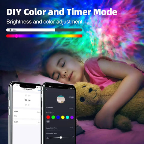 Child sleeping under Nebula Night Light Projector For Bedroom With 16 Million Colors And 7 Nebula Modes Ceiling Star Projector Aurora LED
