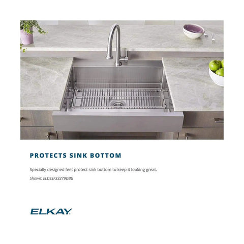 Stainless Steel Bottom Grid For Sinks 14.25 Inch Square in a kitchen sink, visible protective grid with designed feet, corrosion-resistant.