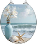 Resin Round Toilet Seat with Cover for Bathroom with seaside decor, featuring flowers and shells on a beach background.
