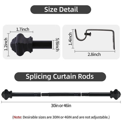 Heavy Duty 5/8 Inch Curtain Rods 30 To 46 Inch Black Finish 2 Pack details including size and components