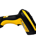 Wireless Barcode Scanner PM9501 DHP910RB with battery pack, ergonomic design, yellow and black, side view
