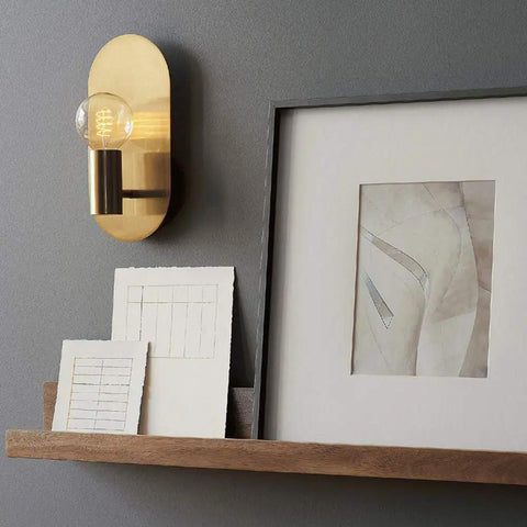 Two Pack Brushed Gold Oval Wall Sconces Modern Mid Century Vanity Lights For Bathroom Mirror And Living Room Hallway Dope Minimalist Design With Concealed Lamp Base And Thick Solid Back Plate beside framed art