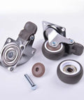 Smooth Ride One Inch Caster Set Packs Two Swivel Casters With Locking Pads And Self Tapping Screws, showcasing rubber wheels and metal mounts.