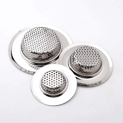 Three Pack Hair Catcher Drain Covers For Shower And Sink Universal Fit For Most Drains From 2.13 To 4.5 Inches in stainless steel.