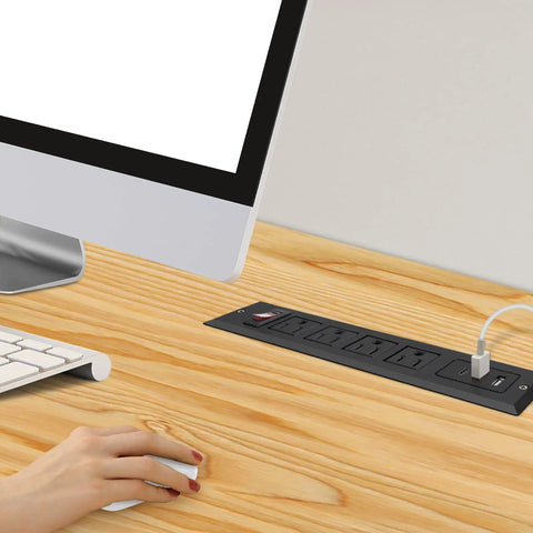 Mountable USB C Power Strip With Recessed Desk Installation 20W Fast Charge 4 Outlets And 3 USB Ports Built In Surge Protection Black
