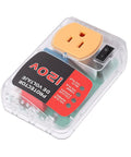 Heavy Duty Automatic Voltage Protector With Over And Under Voltage Cutoff Surge Shield For Fridge And AC And Home Electronics top view, clear casing and plug