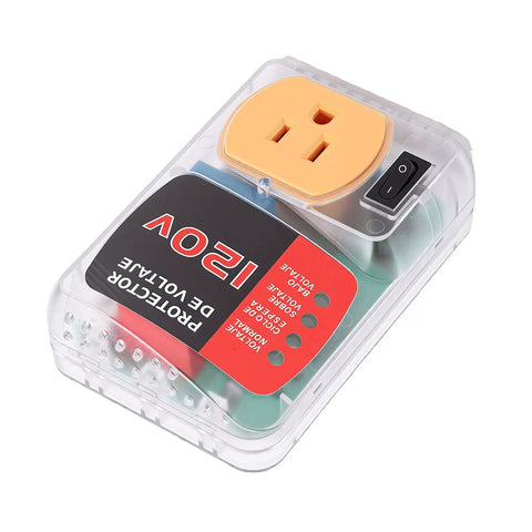 Heavy Duty Automatic Voltage Protector With Over And Under Voltage Cutoff Surge Shield For Fridge And AC And Home Electronics top view, clear casing and plug