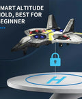 Ready To Fly RC Jet Plane For Kids And Adults, Fighter Jet Remote Control Airplane With LED Lights shown hovering indoors
