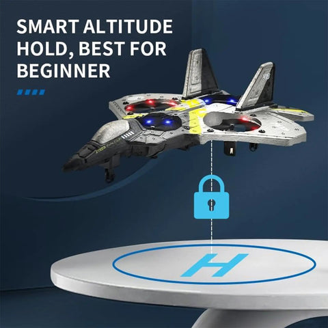 Ready To Fly RC Jet Plane For Kids And Adults, Fighter Jet Remote Control Airplane With LED Lights shown hovering indoors