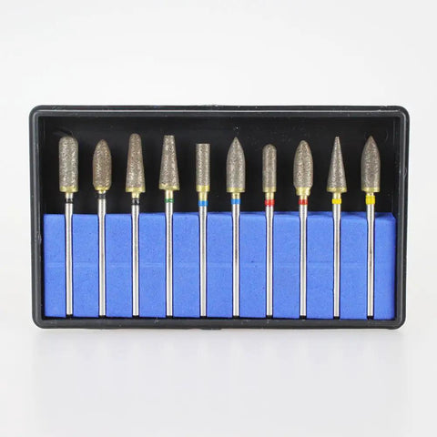 10-Piece Sintered Diamond Grinding Bur Set With 3/32 Inch Shank in black case, ideal for rotary tools, ceramic carving, stone and steel work