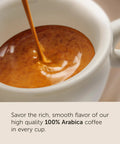 Close-up of espresso pouring into a cup, promoting Espresso Pods For Nespresso Machines Intenso Lungo Dark Roast With Cocoa And Dried Fruit Notes.