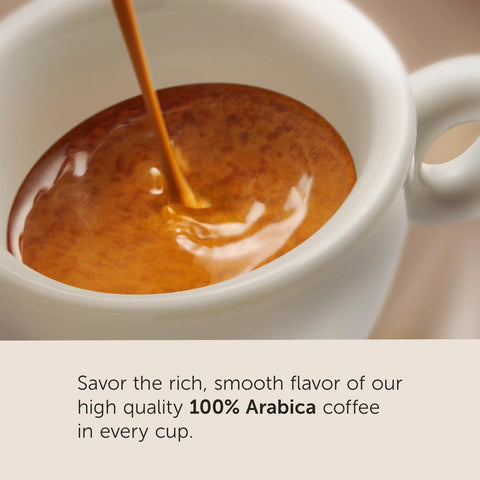 Close-up of espresso pouring into a cup, promoting Espresso Pods For Nespresso Machines Intenso Lungo Dark Roast With Cocoa And Dried Fruit Notes.