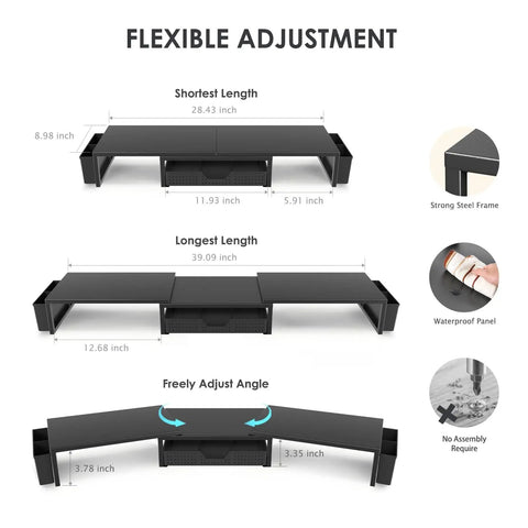 Dual Monitor Stand Riser With Drawer And Pen Holders, Metal Desk Organizer For Office Or Home Office, black adjustable length