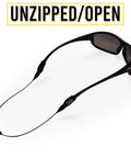 Monoz Adjustable Eyewear Retainer With Monofilament Like Line Off The Neck 14 Inch Black Non Conductive Eyewear Retainer For Work And Everyday All Day Comfort shown with sunglasses
