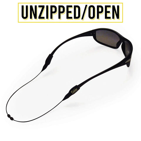 Monoz Adjustable Eyewear Retainer With Monofilament Like Line Off The Neck 14 Inch Black Non Conductive Eyewear Retainer For Work And Everyday All Day Comfort shown with sunglasses