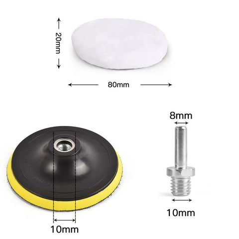 7 Pcs Pro Grade Wool Buffing Pads For Car Polisher, 3 Inch 80 mm Soft Wool Polishing Pads With M10 Drill Adapter dimensions.