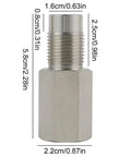 Front view of stainless steel extension pipe fitting with male-threaded end and hex body for plumbing