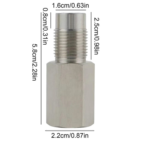 Front view of stainless steel extension pipe fitting with male-threaded end and hex body for plumbing