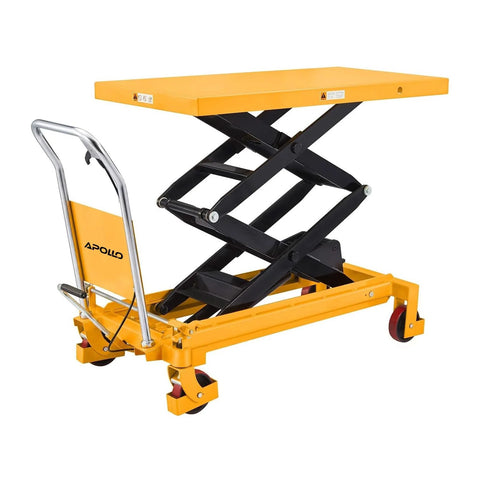 APOLLOLIFT hydraulic lift table cart with 1760 lb capacity; yellow platform, four wheels, safety back guard.